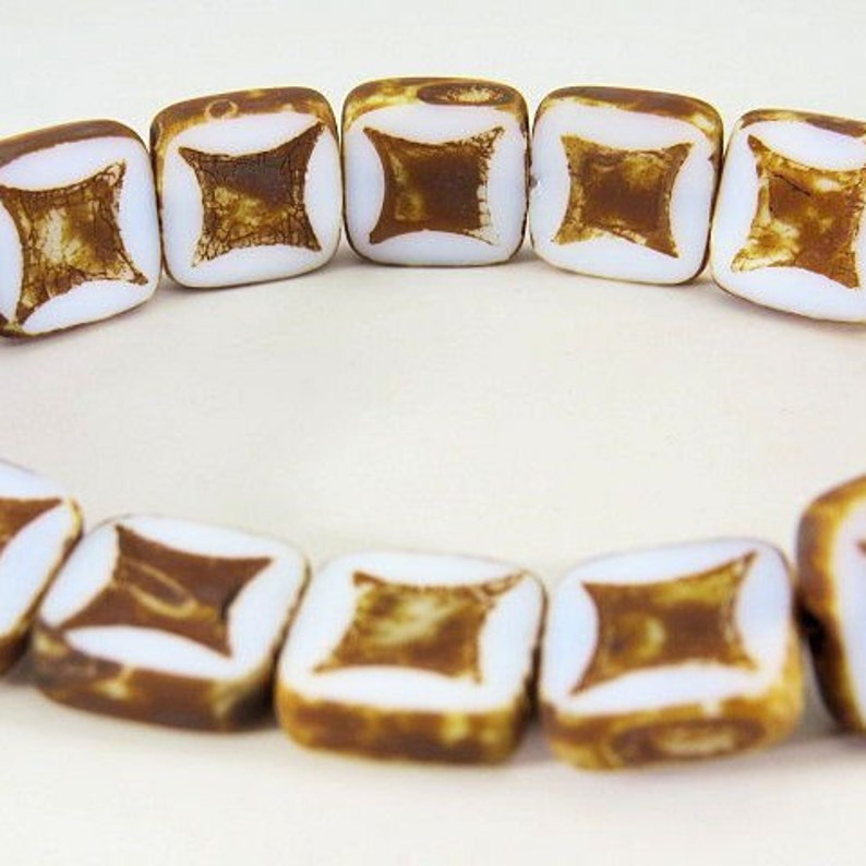 White Square Beads with Astroid Design and Dark Picasso Glaze 14MM Opaque Table Cut Czech Glass 4 Beads PTCSQAS005