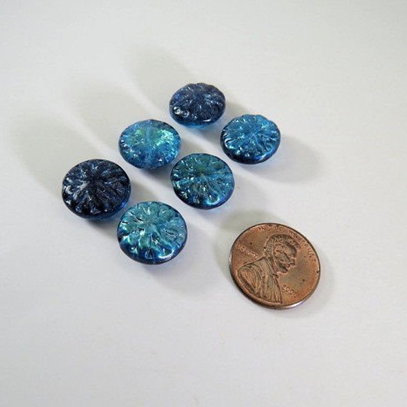 Czech Blue Green AB Dahlia Flower Beads 15MM Translucent Vitral Pressed Coin Glass 6 Beads PRE15DAH001