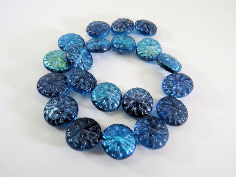 Czech Blue Green AB Dahlia Flower Beads 15MM Translucent Vitral Pressed Coin Glass 6 Beads PRE15DAH001