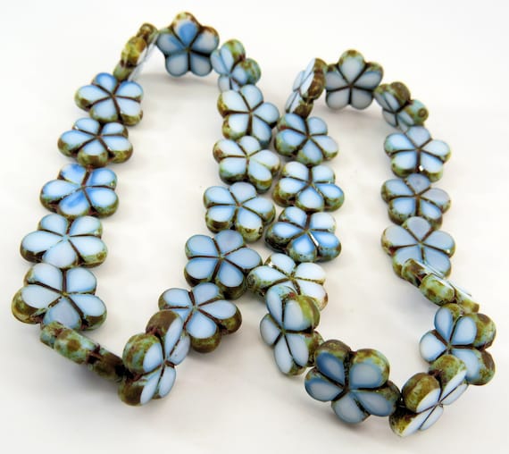 10 beads Aqua// Green// White Picasso Czech Glass Flower Beads 14mm