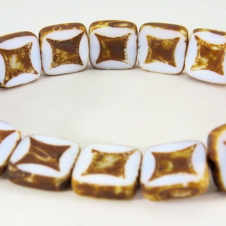 White Square Beads with Astroid Design and Dark Picasso Glaze 14MM Opaque Table Cut Czech Glass 4 Beads PTCSQAS005