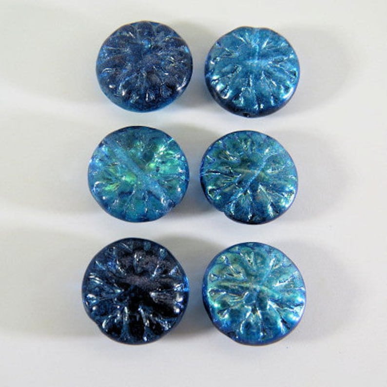 Czech Blue Green AB Dahlia Flower Beads 15MM Translucent Vitral Pressed Coin Glass 6 Beads PRE15DAH001