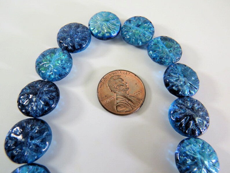Czech Blue Green AB Dahlia Flower Beads 15MM Translucent Vitral Pressed Coin Glass 6 Beads PRE15DAH001