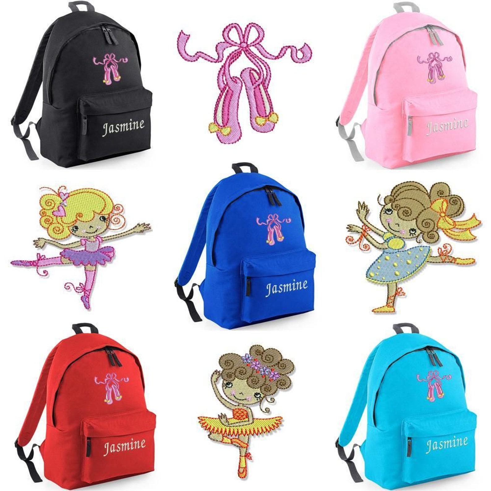 personalised embroidered junior ballet rucksack/backpack dance leotard shoe bag bc1. personalized rucksack/backpack