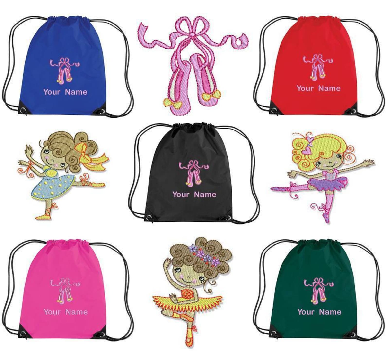 10 personalised embroidered ballet drawstring gym/shoe bag - kids pe school bc1