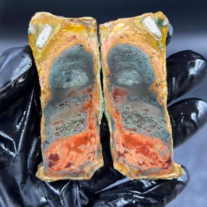 May include: Two halves of a polished stone, showcasing a vibrant mix of colors. The stone features bands of orange, green, gray, and yellow, with a rough, natural edge. The cut reveals intricate patterns and textures, making it a unique decorative item.