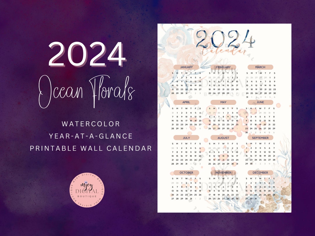 2024 Printable Year at a Glance Wall Calendar, Pastel Ocean Florals