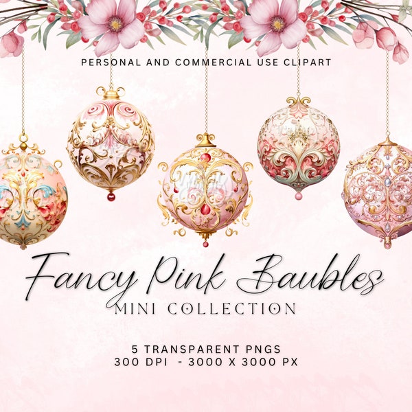 Fancy Pink Baubles | Watercolor Christmas Baubles Clipart | Commercial Use | Christmas Balls Clipart | Elegant Pastel Ornaments