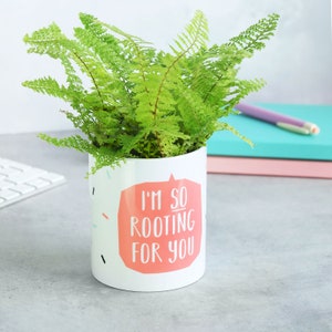 May include: White ceramic planter with a pink speech bubble that says "I'm so rooting for you". A green fern plant is growing in the planter.