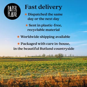 May include: A blue sky with white clouds over a field of green grass. The text "Fast delivery" is written in black letters. The text "Dispatched the same day or the next day" is written in black letters. The text "Sent in plastic-free, recyclable material" is written in black letters. The text "Worldwide shipping available" is written in black letters. The text "Packaged with care in-house, in the beautiful Rutland countryside" is written in black letters.