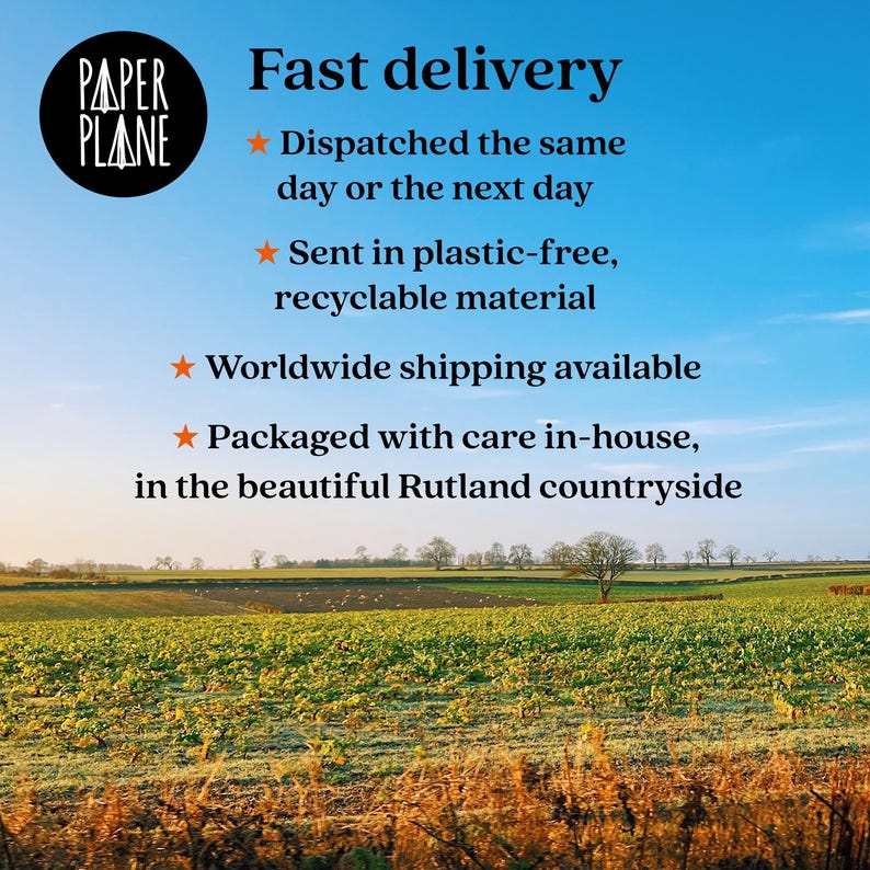 May include: A blue sky with white clouds over a field of green grass. The text "Fast delivery" is written in black letters. The text "Dispatched the same day or the next day" is written in black letters. The text "Sent in plastic-free, recyclable material" is written in black letters. The text "Worldwide shipping available" is written in black letters. The text "Packaged with care in-house, in the beautiful Rutland countryside" is written in black letters.