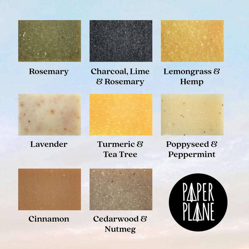 May include: Nine different bars of soap with various scents and colors. The soap bars are arranged in a grid of three rows and three columns. The scents are Rosemary, Charcoal, Lime & Rosemary, Lemongrass & Hemp, Lavender, Turmeric & Tea Tree, Poppyseed & Peppermint, Cinnamon, and Cedarwood & Nutmeg. The soap bars are all natural and handmade. The image also includes the text "PAPER PLANE".