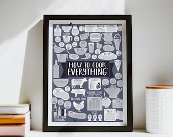 How To Cook Everything Print - A3, A2, A1 size - 7 colours - Gift for foodies - Vegan/Vegetarian versions - Gift for students - Framed print