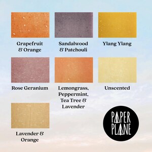 May include: A set of nine soap bars with different scents, including grapefruit and orange, sandalwood and patchouli, ylang ylang, rose geranium, lemongrass, peppermint, tea tree and lavender, lavender and orange, and unscented. The soap bars are arranged in a grid pattern on a light blue background. The text "PAPER PLANE" is printed in black on a white circle in the lower right corner of the image.