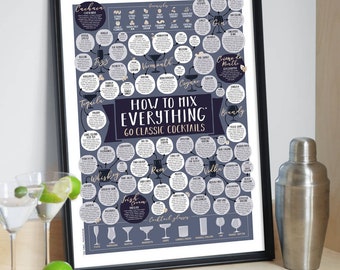 How To Mix Everything Print - 60 Classic Cocktail Recipes - Unframed A3 and A2