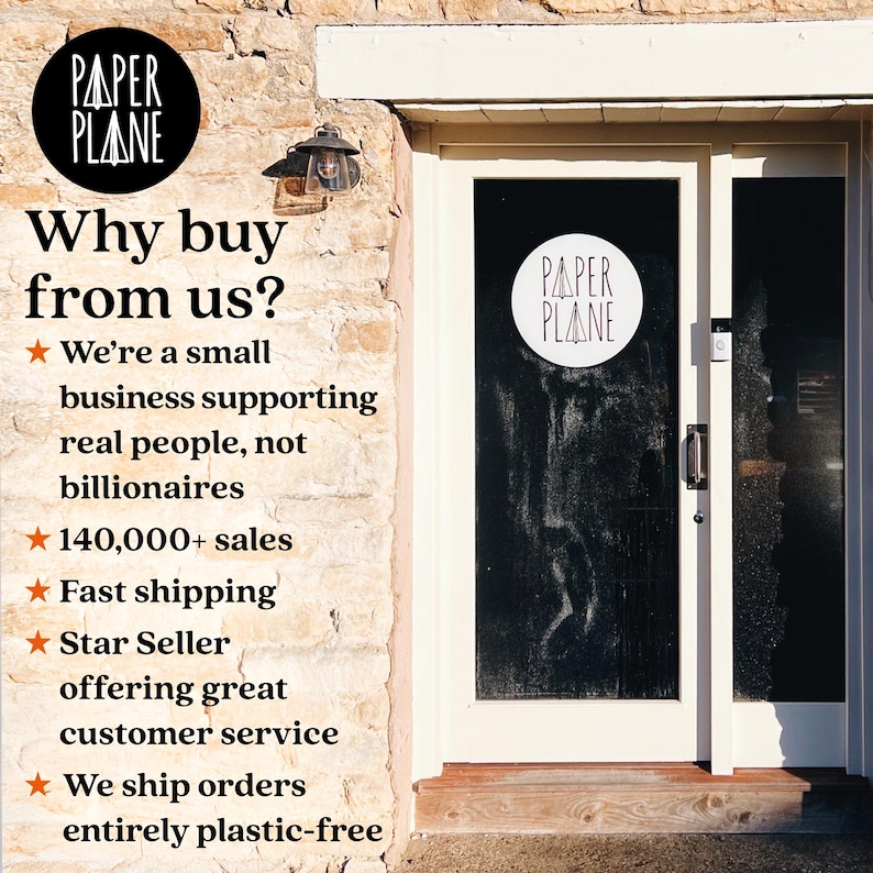May include: A brick building with a glass door that has a white circle with the text "PAPER PLANE" on it. The text "Why buy from us?" is on the wall next to the door, along with a list of reasons to buy from this business, including "We're a small business supporting real people, not billionaires", "140,000+ sales", "Fast shipping", "Star Seller offering great customer service", and "We ship orders entirely plastic-free".