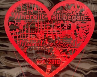 Personalisiertes Herz Acryl-Nachtlicht | Stadt Karte, Geschenk zum Valentinstag
