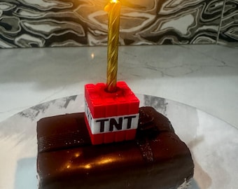 May include: A chocolate cake with a single lit candle on top. The candle is a red and black TNT block with the word "TNT" printed on it.