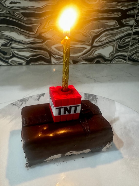 BOOM! Mine - TNT Candle Holder- Craft –Gamer Cake Topper – Kids Birthday Party Decor – Pixel Block Explosion for Cake - Reusable Party Hit