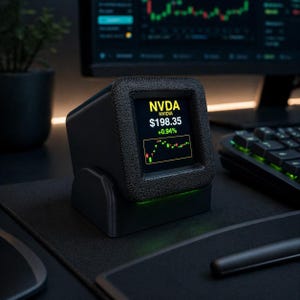 Può includere: Un dispositivo digitale per il monitoraggio azionario a forma di cubo nero con cornice testurizzata. Lo schermo mostra NVDA, NVIDIA, 198,35 $, +0,94% e un grafico a candele verde e rosso. Una luce verde soffusa brilla dalla base del dispositivo.