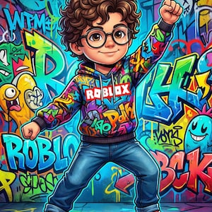 May include: A cartoon illustration of a child wearing a colorful Roblox hoodie, blue jeans, and red sneakers. The background features graffiti art with various colors and designs. The child is wearing glasses and has curly brown hair.