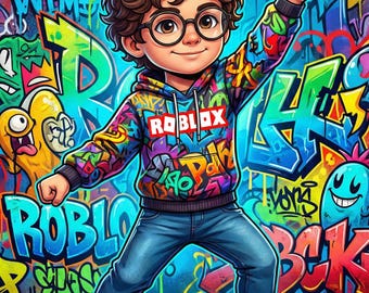 May include: A cartoon illustration of a child wearing a colorful Roblox hoodie, blue jeans, and red sneakers. The background features graffiti art with various colors and designs. The child is wearing glasses and has curly brown hair.