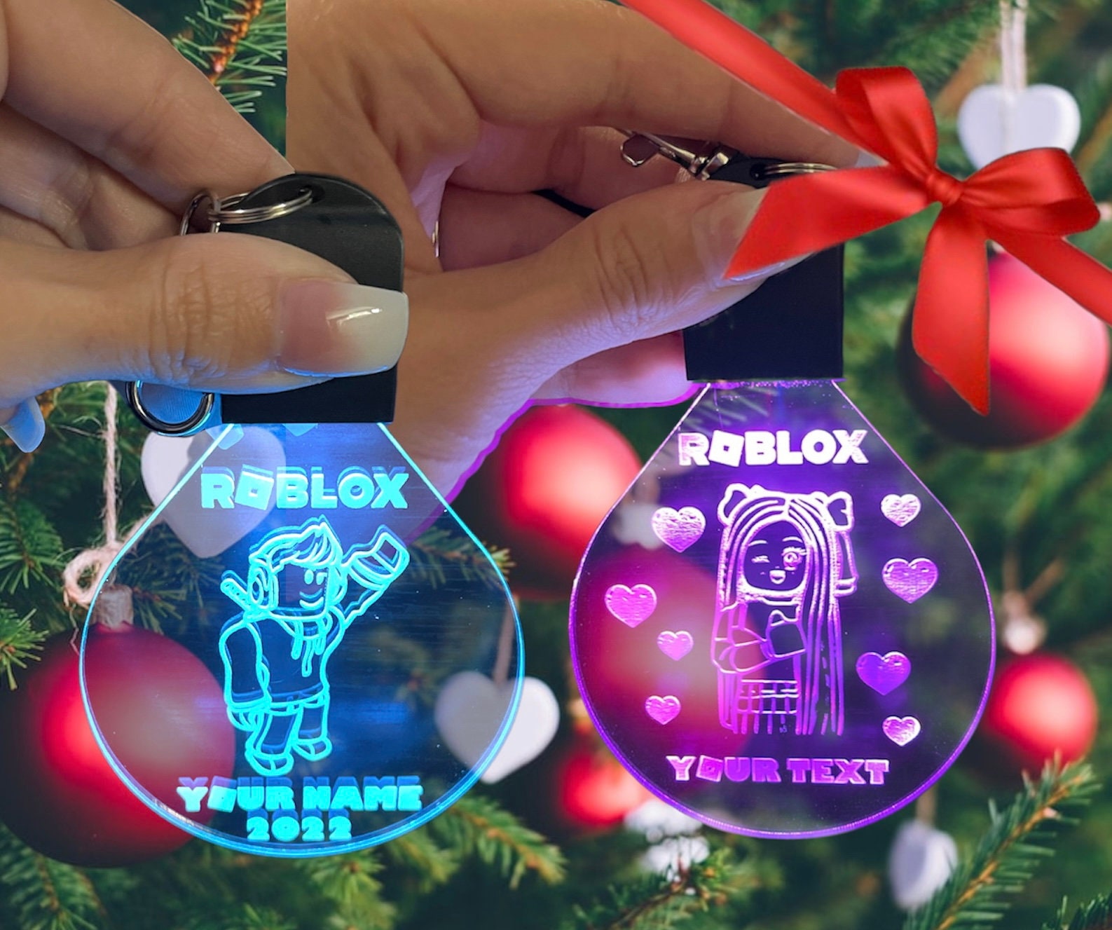 Roblox Gaming Avatar Girl/Boy Acrylic LED Light Up Personalized Christmas Ornament/ Backpack Charm Keychain