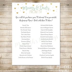 May include: A printable game card with a light green and white background. The card features a list of famous TV parents and their shows. The title is "Moms & Dads from TV".