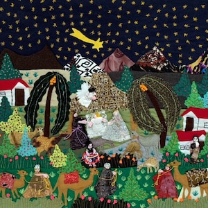 Nativity scene arpillera wall hanging