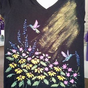 Wildflowers and Hummingbirds woman&#39;s T-shirt hand painted