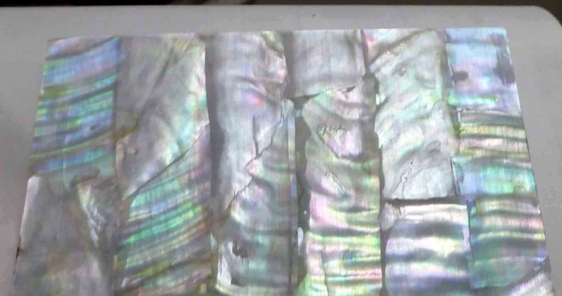 Puede incluir: Primer plano de una l&aacute;mina de n&aacute;car iridiscente, con un esquema de colores blanco, azul y verde. El material est&aacute; cortado en tiras y dispuesto en un patr&oacute;n.