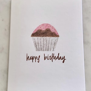 Happy Birthday Card Featuring a Pink Frosted Chocolate Cupcake - Handmade and Printed in the USA