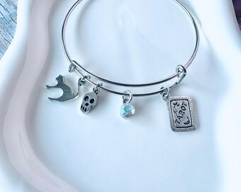 Something Witchy Charm Bracelet | Witchy Bangle Bracelet | Ghost Skull Spell Book Charms | Whimsigoth Jewelry | Spooky Witch Gift