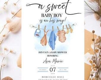 May include: A baby shower invitation with a blue and brown watercolor background. The invitation says "a sweet baby boy is on his way!" and includes details for the shower, including the date, time, and location. The invitation also says "Registered at Target and Bloomingdale's".