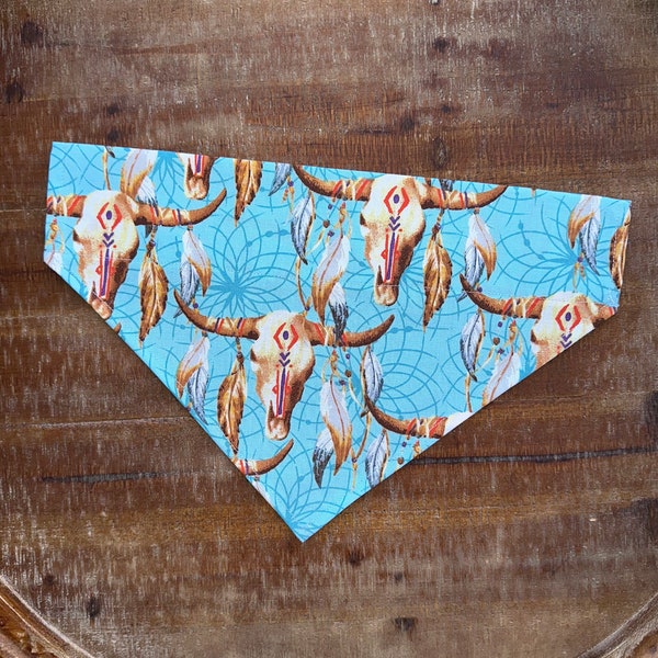 Blue Boho Bull Skulls Over the Collar Dog Bandana - Dog Accessories - Slip on Bandana - Pet Gifts - Dog Scarf