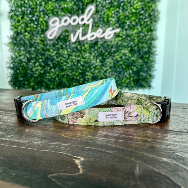 Teal Marble and Succulents Fabric Fashion Dog Collar - Dog Neckwear - Pet Accessories - Gifts For Dogs - Plastic Hardware Dog Collar