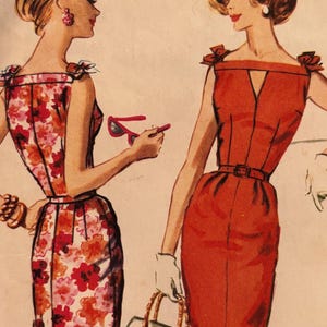 May include: Vintage illustration of two women in dresses. One woman wears a floral print dress with a matching belt. The other woman wears a red dress with a belt and a V-neckline. Both dresses have shoulder details.