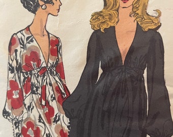 Gorgeous Vintage 1970's Cocktail Dress With Deep V-Neckline and Full, Cuffed, Gathered Sleeves---Vogue 7630---Size 8  Bust 31 1/2