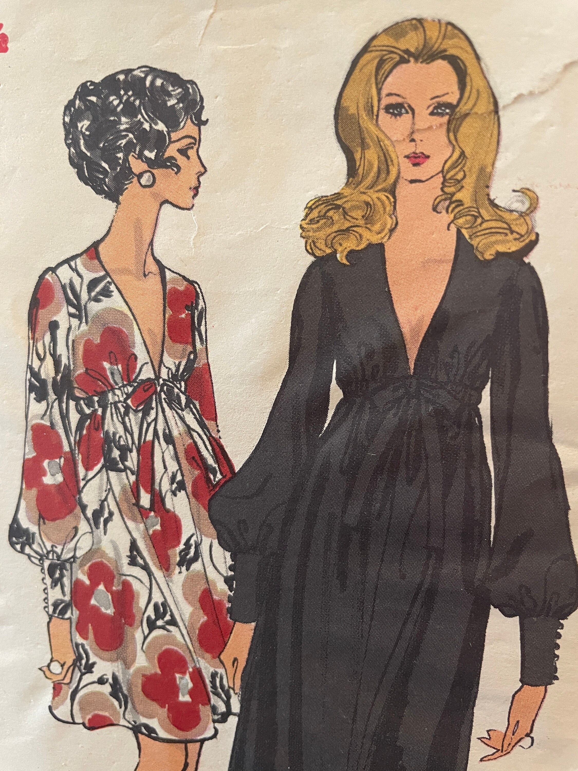 Gorgeous Vintage 1970's Cocktail Dress With Deep V-Neckline and Full, Cuffed, Gathered Sleeves---Vogue 7630---Size 8  Bust 31 1/2