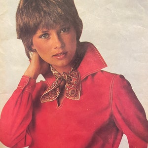 May include: A woman with short brown hair is wearing a red long-sleeved shirt with a large collar. She is wearing a patterned scarf around her neck.