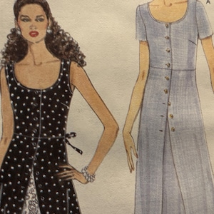 May include: Two dress designs are shown in this image. One is a black sleeveless dress with white polka dots and a white patterned skirt. The other is a light blue dress with short sleeves and buttons down the front.