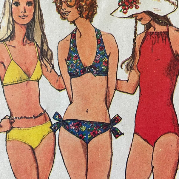 Vintage 1970's Halter Bikini, Boy Shorts, and One Piece Bathing Suit Pattern---Simplicity 9933---Size 10  Bust 32 1/2  UNCUT