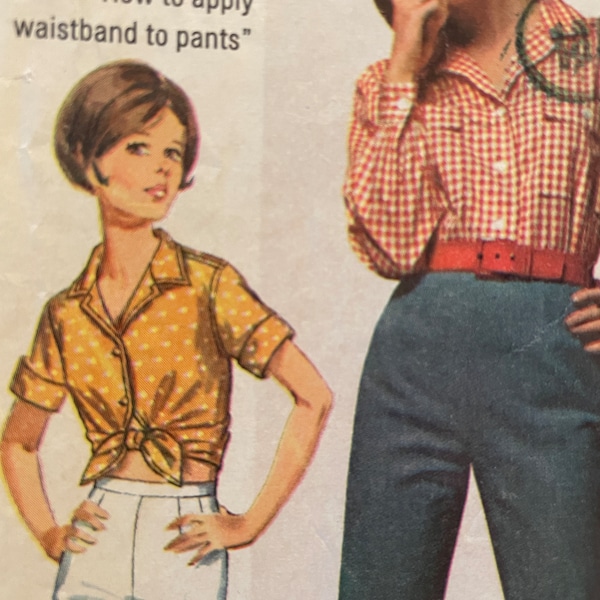 Vintage 1970's Front Tie Shirt and Bell-Bottom Pants Pattern---Simplicity 8009--Size 9/10  Bust 30 1/2