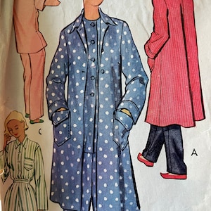May include: A vintage sewing pattern featuring three different outfits. The first outfit is a blue and white polka dot pajama set with a long-sleeved top and pants. The second outfit is a pink, short-sleeved top and pants. The third outfit is a red coat with a black skirt and pants. The pattern includes the letter "A" on the bottom right corner.