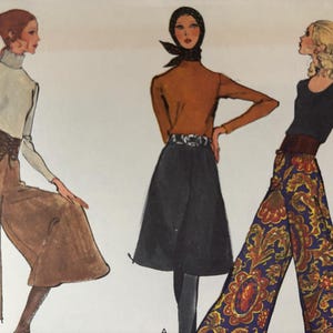 May include: Illustration of three figures in vintage fashion. The figure on the left wears a cream turtleneck, brown wide-leg pants, and a brown belt. The middle figure is in an orange long-sleeve top, a black skirt, and a patterned belt. The figure on the right wears a black top and patterned wide-leg pants.