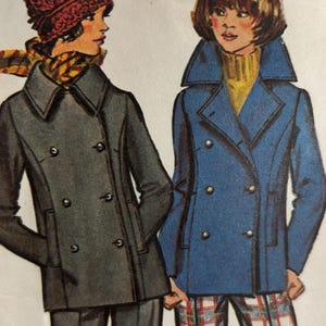 May include: Illustration of two figures wearing vintage coats. One figure wears a dark gray double-breasted coat, a red hat, and a patterned scarf. The other figure wears a blue double-breasted coat, a yellow turtleneck, and plaid pants.