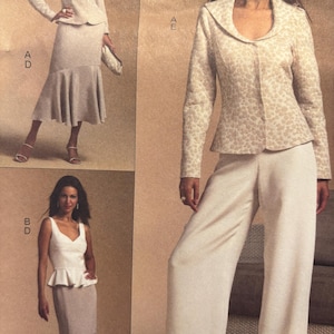 May include: A sewing pattern display featuring three outfits: a long-sleeved jacket with a skirt, a sleeveless peplum top with a skirt, and a patterned jacket with wide-leg trousers. The garments are labeled with the letters A, D, B, and E.