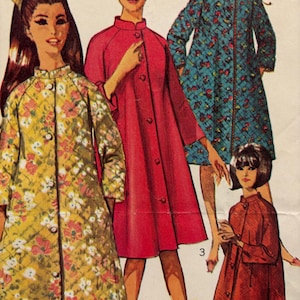 May include: A vintage sewing pattern illustration featuring four different coat designs. One coat is yellow with a floral pattern, one is solid pink, one is teal with a floral pattern, and one is solid red. All coats feature a mandarin collar and buttons.