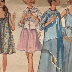 May include: Vintage illustration of women's sleepwear. The image features several figures in various outfits, including a floral print dress, a skirt and jacket set, a long robe, and a nightgown. The color palette includes pastels like blue, pink, and white.