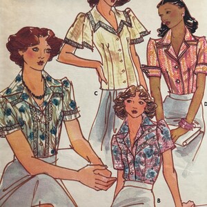 May include: Vintage fashion illustration featuring four women in blouses and skirts. The blouses have various patterns and details, including floral prints and lace trim. The illustration is labeled "Young Designer Jane Tise."